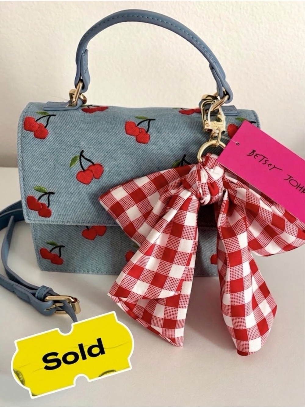 Betsey Johnson Blue Denim Cherry Print Crossbody Purse. Retro Americana Pin-up